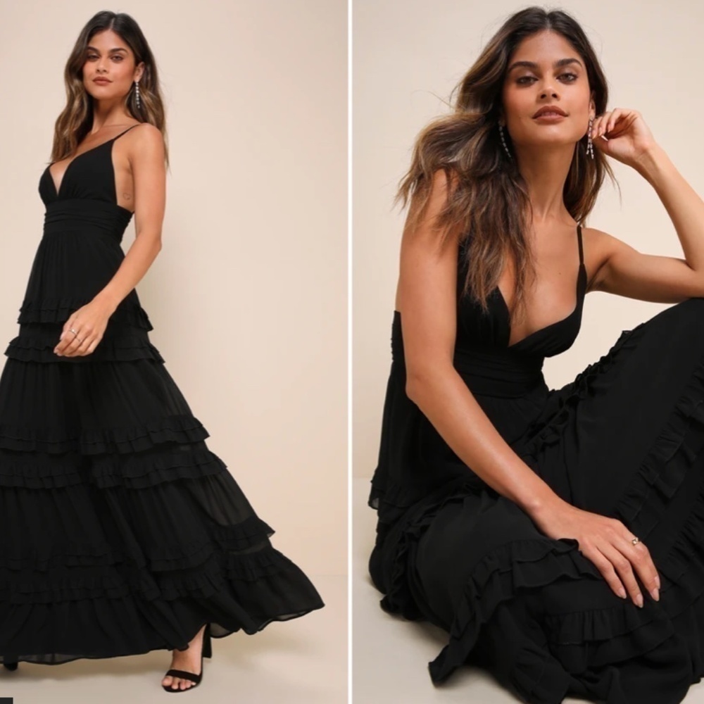 LULU's Prom Wedding Flowy Romantic Tiered Ruffle Open Back Maxi Dress NWOT - Picture 4 of 4